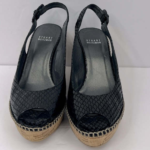 STUART WEITZMAN PATENT SNAKE PRINTED OPEN TOE WEDGE, BLACK, SIZE 8.5M, WOMEN’S - Picture 2 of 16